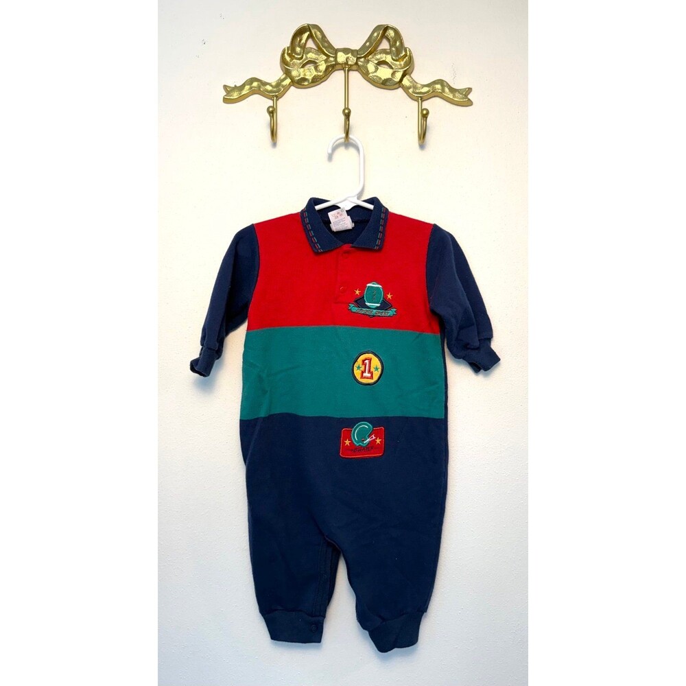 Color-block football romper, buster brown